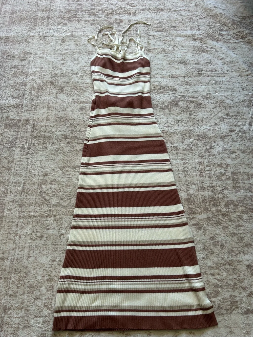NWT A&F Sleeveless Brown & Cream Striped Rib Knit Maxi Dress